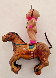 TIN TOY DONKEY CLOWN WIND UP & CELLULOID TRADEMARK CK JAPAN - Picture 1 of 10
