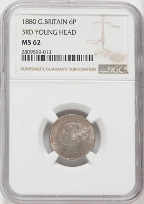 GREAT BRITAIN VICTORIA 1880 SIXPENCE UNCIRCULATED SILVER COIN NGC CERTIFIED MS62 - Image 1 of 2