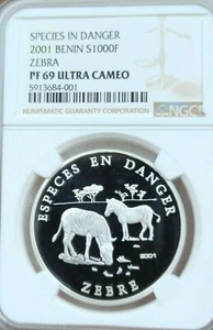 2001 BENIN SILVER 1000 FRANCS S1000F ZEBRA NGC PF 69 ULTRA CAMEO TOP POP 1 - Picture 1 of 4