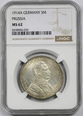 1914A Germany Silver 3 Mark NGC MS 62 German States Prussia - Image 1 of 4