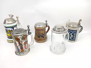 Bierkrüge mit Zinndeckel 0,5 L, 5x Konvolut, z.T. mit Gravur u.a. Goebel, Post - Bild 1 von 19