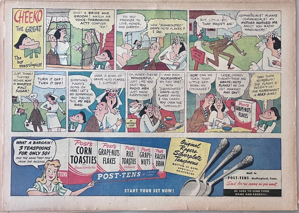 1947 newspaper comic ad for Post cereal - Cheeko boy ventriloquist fools bride - Image 1 of 1