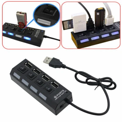 4 Port USB2.0 Hub High Speed Power On/Off Button Switch for Laptop PC Black LED - Image 1 of 4
