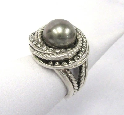 Anillo cruzado de perlas y diamantes David Yurman de plata de ley talla 6 Foto 1 de 4