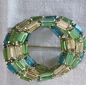 Uranium Baguette Rhinestone Wreath Brooch, Highend, VTG - Picture 1 of 6
