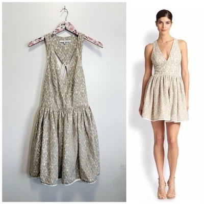 BLACK HALO Bree Latte Print Lace Fit ‘n Flare Cocktail Mini Dress Size 10 Tan - Image 1 of 4