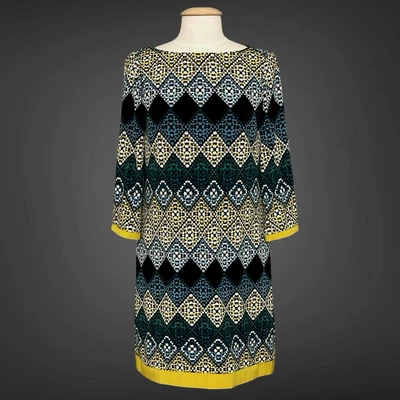 VTG 90s Eliza J Womens Dress 8 Blue Gold Diamond Stretch Jersey Retro Y2K Office - Image 1 of 4