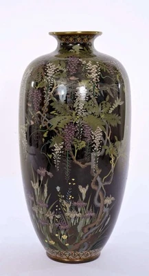 1900's Japanese Cloisonne Enamel Vase Wisteria Tree Iris Flowers Birds - AS IS - Image 1 of 4