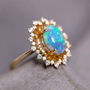 Stunning Halo Diamond  Australian Semi-Black Opal Engagement Ring 18K Gold - Picture 1 of 10