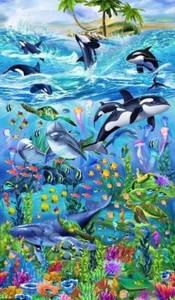 Ocean Fish Coral Whale Fabric Panel 24"X44" Cotton Timeless Treasures C6145 - Picture 1 of 1