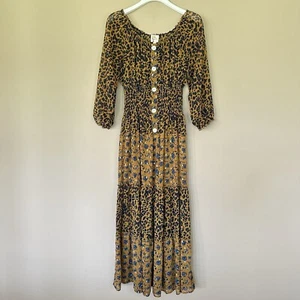 Sheer Fig & Flower @ Anthropologie Women S Cottagecore Dress Smocked Tiered Leop - Picture 1 of 12