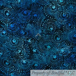 BonEful Fabric FQ Cotton Quilt Black Blue Aqua Green Water Flower Batik Seashell - Picture 1 of 12