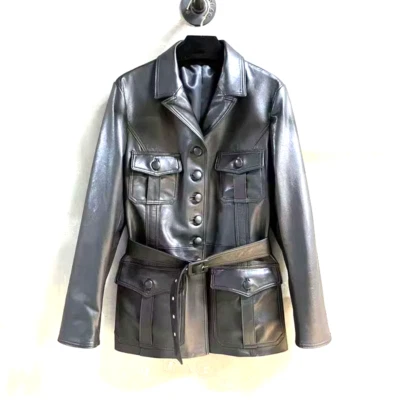Women's Short Belted Trench Coat Black Leather Button Up Jacket Trendy Outerwear - Image 1 of 3