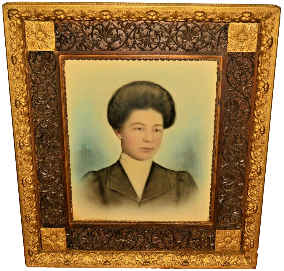 古董原版19世纪雕像肖像绘画和镀金花卉雕刻框架 — 第 1/4 张图片