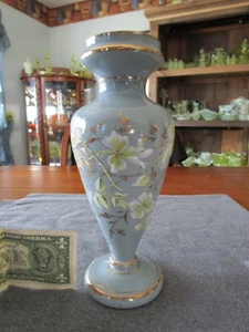 RARE BRISTOL GREY GLASS HAND PAINTED FLORAL PATTERN WITH GOLD 10" VASE - Picture 1 of 8
