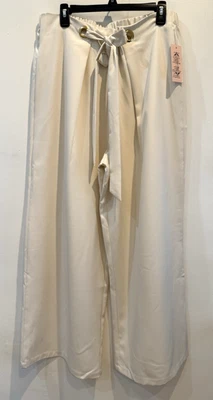 Calça marfim branca perna larga frente amarrar cinto calças cru cintura elástica GG - Imagem 1 de 4