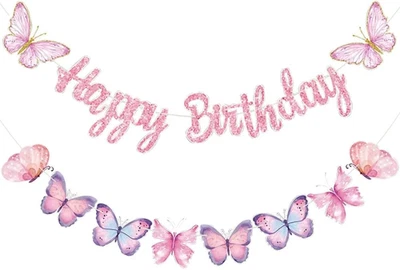 Pink Butterfly Birthday Banner, 63" X 23.6", Fade Resistant, Lightweight, Women/ - Image 1 of 4