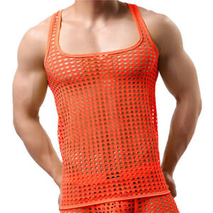 Mens Mesh Fishnet Sleeveless T Shirts Tank Tops Sexy Muscle Bodybuilding Vests