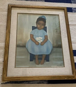 Vintage Gustavo Montoya Girl Sitting With White Flowers, Framed Art - Picture 1 of 7