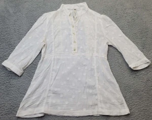 Fossil Blouse Top Womens Medium White Polka Dot Cotton 3/4 Sleeve Button Front - Picture 1 of 10