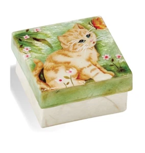 Capiz Shell Box with Kitten & Butterfly Design, Airbrushed By Hand, #1572C,3"x3" - Picture 1 of 1