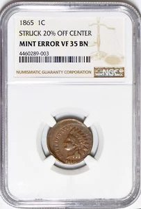 1865 Indian Head Cent Struck 20% Off Center Mint Error NGC VF-35 - Picture 1 of 4