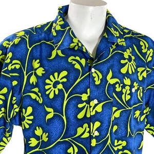 Ocean Pacific Hawaiian Shirt Large Floral Abstract Flower Vines Blue Yellow - Picture 1 of 7