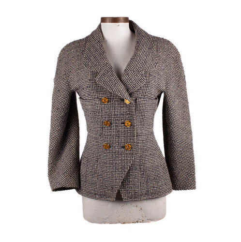 GIACCA CHANEL VINTAGE NERA BIANCA LANA TWEED ORO LOGO CC BOTTONI tg 40