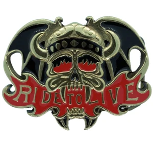Ride To Live Belt Buckle, Biker Demon Skull Hell Fire Solid Brass, Baron Buckles - Picture 1 of 2