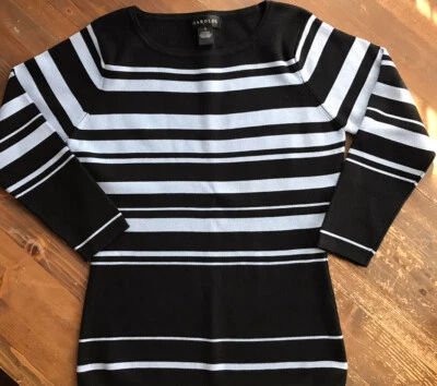 Camisa Top Harold’s Para Mujer Negra y Azul Claro Rayas Manga 3/4 Seda Nylon S Foto 1 de 4