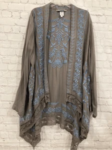 Cárdigan Sundance XS para mujer frente abierto kimono marrón azul bordado ribete de encaje - Imagen 1 de 11