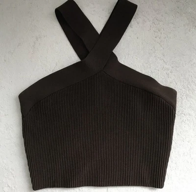 Camiseta sin mangas Babaton Sculpt para mujer mediana marrón acanalada tejida recortada halter Foto 1 de 4