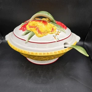 Fitz and Floyd FLOWER MARKET Soup Tureen with Ladle Red Yellow Floral - Picture 1 of 11