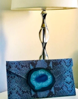 NEW 🟦 LUXURIOUS - FINE LEATHER & AGATE BLUE & BLACK - SPAIN 🇪🇸 CLUTCH BAG - Image 1 of 4