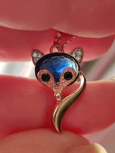 925 Sterling Silver Copper Simulates Blue Sapphire Fox Pendant On 18" Necklace - Picture 1 of 9