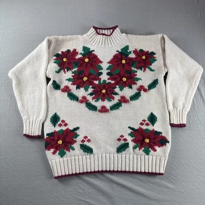 Nut Cracker Sweater Womens M Beige Poinsettia Sweatshirt Holiday Christmas READ - Image 1 of 4