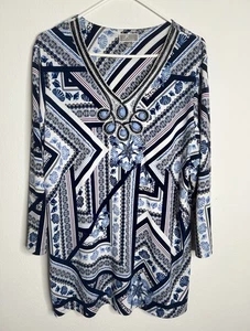 Blusa JM Collection Azul Shealls Manga 3/4 Elastizada Cuello en V - Talla 1X - Imagen 1 de 9