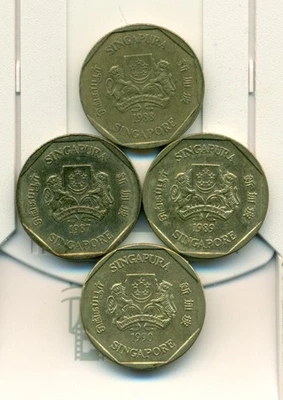 4 DIFFERENT 1 DOLLAR COINS from SINGAPORE (1987, 1988, 1989 & 1990) - Image 1 of 2