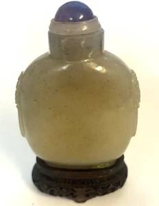 Ancient Chinese Art Snuff Bottle Celadon Jade Wood Stand BEAST HEAD Sides - LUCK - Photo 1/6