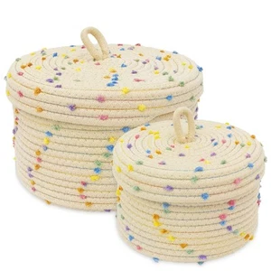 Round Storage Baskets with Lids Small Set of 2 Cotton Rope Woven Decorative - Picture 1 of 6