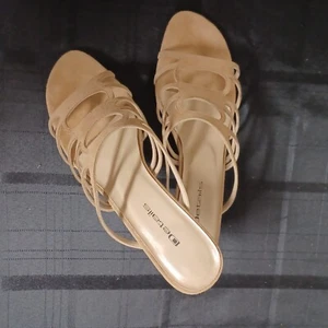 Vintage Sueded Leather, 2 1/2" Heeled Mule Sandals - Camel 9 1/2 Exc Cond - Picture 1 of 7