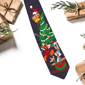 Looney Tunes Bugs Bunny Taz Decorating Christmas Tree Necktie Vintage 1997 Tie - Picture 1 of 3