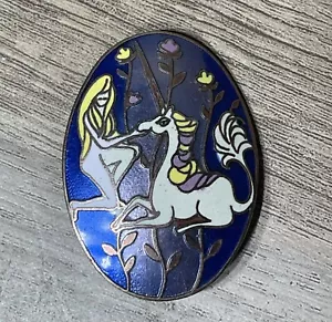 The Lady with the Unicorn Brooch Vintage Cloisonne Enamel Statement Pin 70’s - Picture 1 of 5