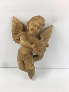 Vintage Solid Wood Carved Angel Statue-Hand Carved Crafted Cherub Sculpture 11.5 - Picture 1 of 12