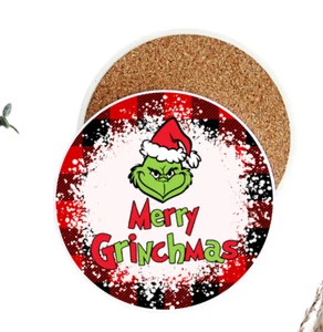 Handgefertigte 4" Runde Keramik Untersetzer Kork Unterlage-Grinch-Weihnachten-Spirituell-Geschenk - Bild 1 von 13
