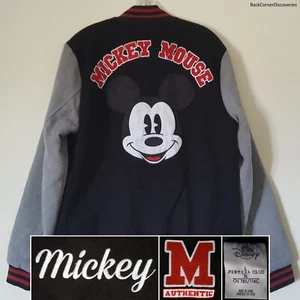 Disney Store Mickey Mouse Black & Gray L Snap-Up Lined Varsity Letterman Jacket - Picture 1 of 20