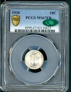 US 1936 MERCURY SILVER DIME SLABBED PCGS & CAC MS67 FB A7 - Picture 1 of 2