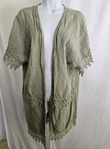 Valentina Naldi Italy Kimono Cardigan 100% Green Linen Crochet Embroidery Sz OS - Picture 1 of 7