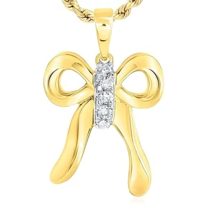 0.05CTW Real Diamond 14K Real Yellow Gold Bow Pendant 0.6" - Picture 1 of 4