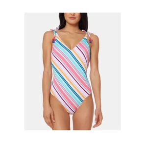 Jessica Simpson Womens Striped V-Neck One-Piece Swimsuit Tassel Tie XL New - Picture 1 of 4